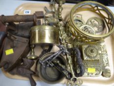Tray of various brassware, flat iron etc