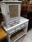 A white painted two-drawer wash stand & cabinet together with a carved stool & a linen fold-type