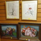 A pair of oil on boards - caricature figures & a pair of Oriental silk prints