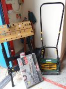 A cylinder garden mower, work bench, director's chair etc
