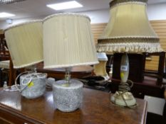 A pair of sgraffito pottery table lamps & another