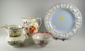 Two Swansea jugs, an antique footed floral bowl etc