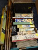 A quantity of vintage children's books, sundry walking sticks etc