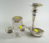 Three silver-topped cut-glass dressing-table jars & a silver (loaded) trumpet vase, together with