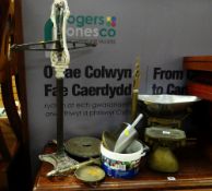 A set of grocer's scales, an antique Salter's scales etc