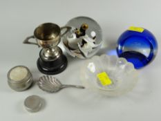 A modern Lalique dish, a Wedgwood glass paperweight etc