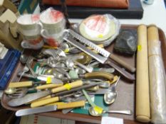 A tray of loose flatware, six Royal Doulton 'Sonnet' teacups & saucers (as new), wooden candlesticks