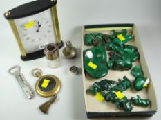 A parcel of mineral carved animals, a mid-century Seiko mantel clock, a silver topped scent bottle