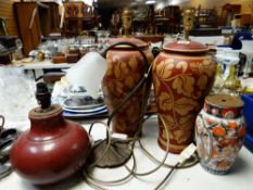 Pair of decorated table lamps, a Royal Copenhagen table lamp, an Imari pattern porcelain lamp base
