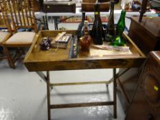 A wooden butler's tray & collectable contents