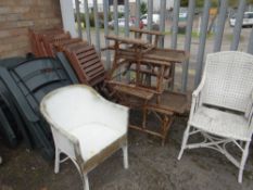 A parcel of teak effect folding garden chairs together with plastic & wicker garden chairs (