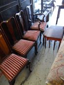 Two nests of three reproduction coffee tables & four antique splat back chairs