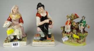 A pair of Staffordshire figures of peasants & a Staffordshire bough group