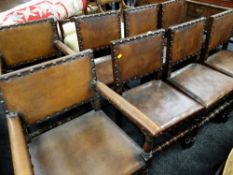 A set of eight (6+2) vintage studded leather dining chairs on turned & block supports