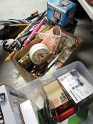 Two crates of books & a quantity of household items, umbrellas, boxed small electricals etc