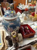 A furnishing vase, a boxed pair of wine glasses, a pair of marble bookends etc