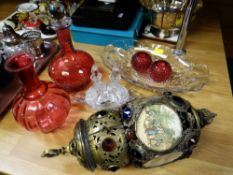 Cranberry glass decanters, continental brass & coloured stone lantern & other glassware etc