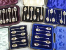 A very nice collection of cased silver teaspoons comprising Walker & Hall cased set of six with