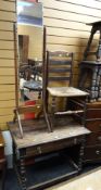 An antique oak single-drawer table with bobbin supports together with a cheval mirror & a rush