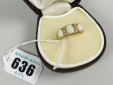 18ct yellow gold three-stone opal & diamond chip ring, 8.2grms approx.