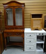 A reproduction cabinet on stand, a white bedroom chest with corner bookcase combined, a pine bedside