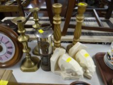 Two pairs of candlestick holders, a Thomas & Williams miner's lamp together with a pair of polar