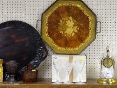 Boxed set of six wine goblets and an inlaid tray