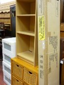 Parcel of white slim four drawer chest, modern four shelf bookcase, four basket weave drawer unit