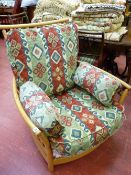 Light Ercol armchair with modern patterned upholstery