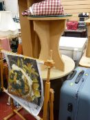 Tapestry frame, parcel of modern occasional tables and a large Antler suitcase