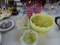 Pair of cranberry glass swirl chimney vases, vaseline pedestal bowl etc