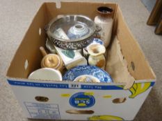 Box of mineral stones, pottery, Portmeirion planter, blue and white 'Abbey' pedestal bowl etc