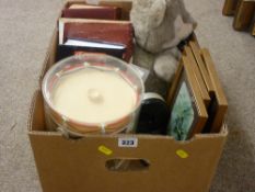 Box of mixed household items including soft toys, books etc