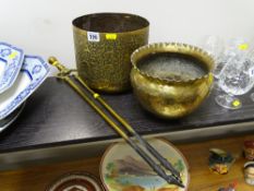 Two brass planters and a brass pair of fire tongs