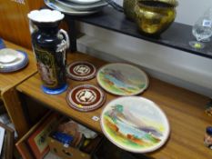 Pair of Continental painted chargers, bone decorated plaques and a large twin handled classical