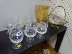 Quality brandy glasses, amber glass jug and an electroplate swing handled basket