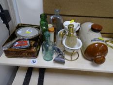 Parcel of vintage items including old chemist's bottles, hair clippers, earthenware bottle etc
