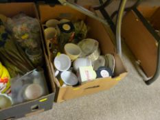 Three boxes of household porcelain, teaware, glassware etc