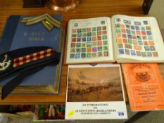 Parcel of military items relating to Queen's Own Highlanders, Strand stamp album, Bible etc