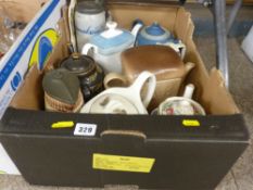 Box of novelty teapots, pewter lidded teapots, Jasperware etc