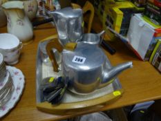 Five piece Picquot ware set including tray and a small quantity of commemorative coins