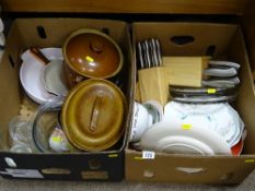 Two boxes of kitchenware including two knife blocks, earthenware cookpots etc