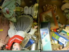 Two boxes of mixed items, ornaments, dolls etc