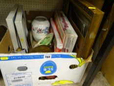 Box of mixed china, brassware, board games etc including Maling lustre dish