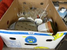 Box of pottery, glassware, shaving mirror etc