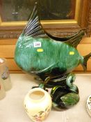 Large heavy fish shaped vase and similar pottery items including Worcester Palissy ginger jar etc