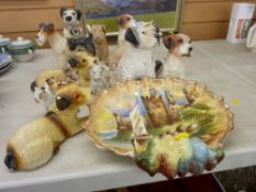 Shell shaped dish depicting Conwy Castle and a large parcel of terrier dog ornaments