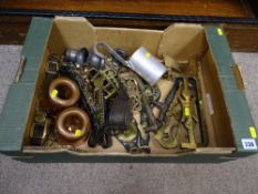 Box containing horse brasses, other brassware and metalware including oil can, copper and pewter