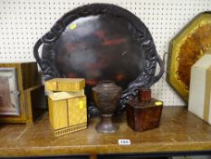 Oriental items - a lacquered tray, two tea caddies and a bronze vase