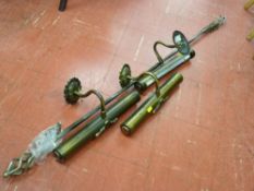 Small modern brass effect curtain rail, approx 120 cms and three brass effect wall lamps